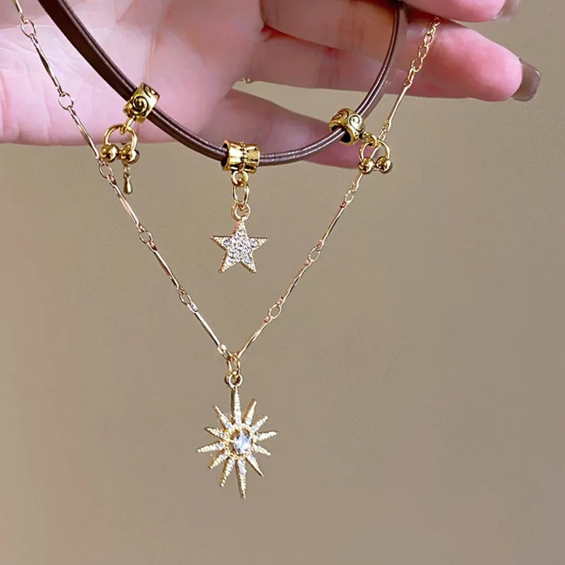 2025 Simple Colored Bead Metal Chain Necklace for Women\'s Sun and Moon Light Luxury Beaded Sweater Chain Gift Jewelry