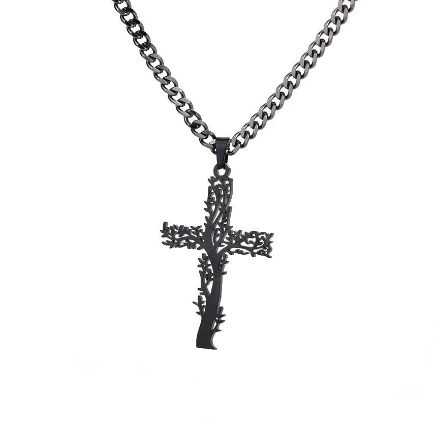 Fashion Creative Cross Wolf Necklace Stainless Steel For Women Choker Branches Tree of Life Design Pendant Necklace Men Jewelry