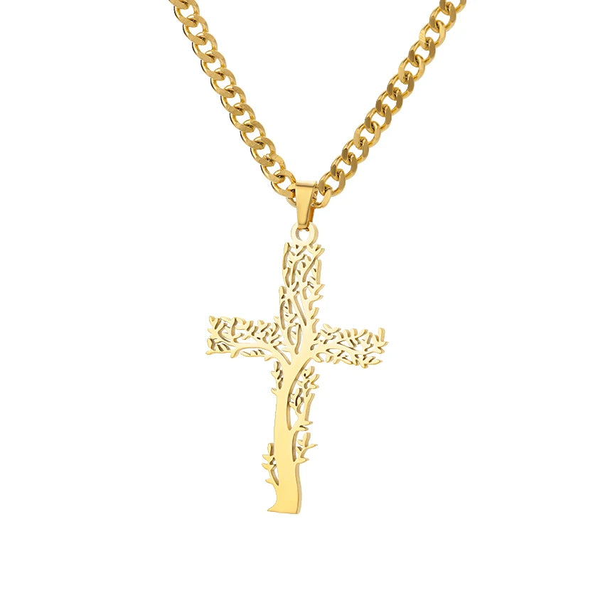 Fashion Creative Cross Wolf Necklace Stainless Steel For Women Choker Branches Tree of Life Design Pendant Necklace Men Jewelry