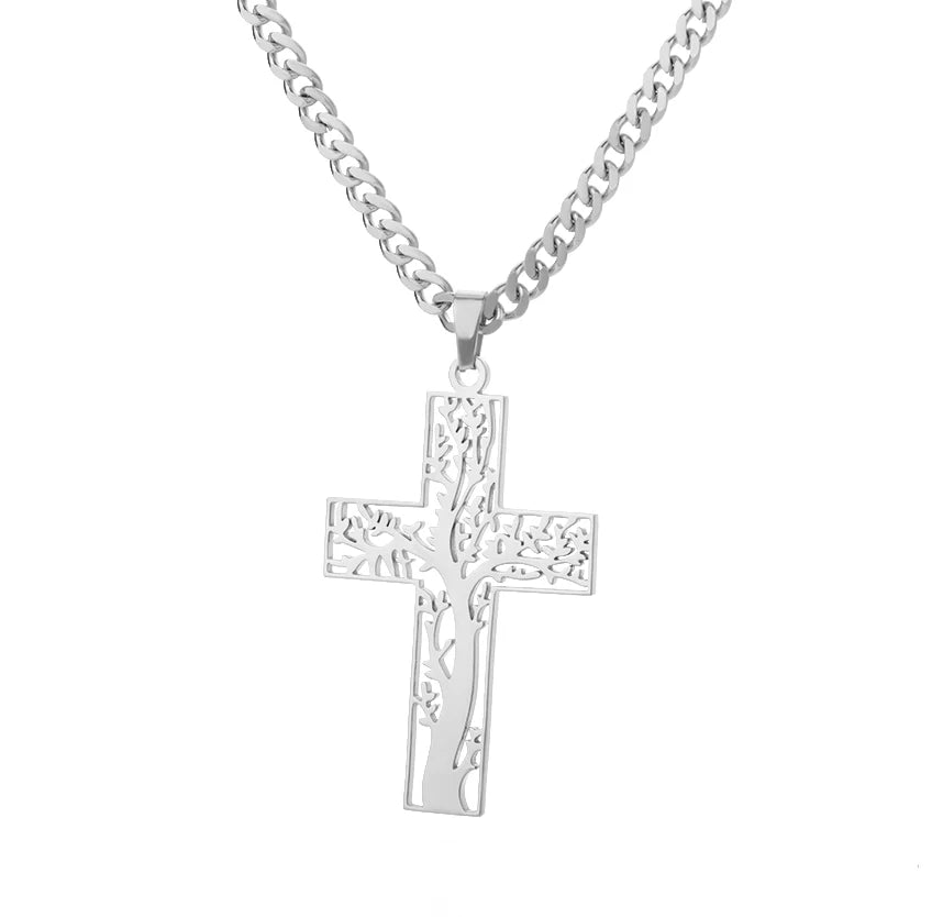 Fashion Creative Cross Wolf Necklace Stainless Steel For Women Choker Branches Tree of Life Design Pendant Necklace Men Jewelry