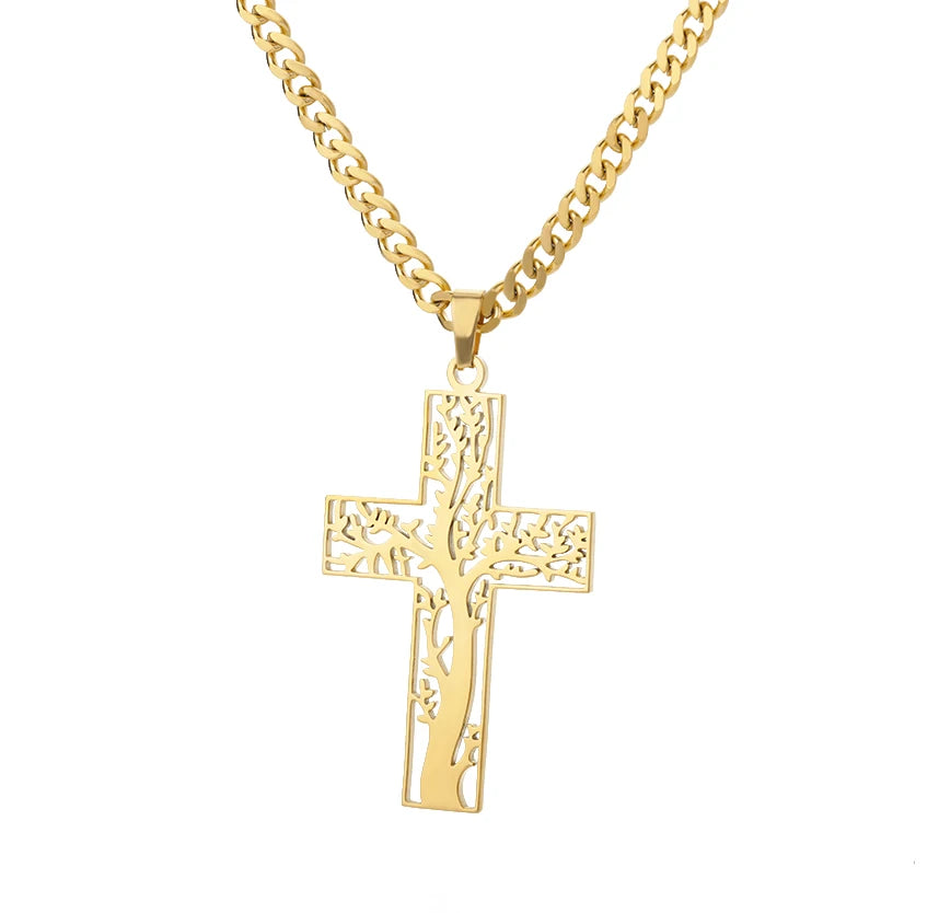 Fashion Creative Cross Wolf Necklace Stainless Steel For Women Choker Branches Tree of Life Design Pendant Necklace Men Jewelry