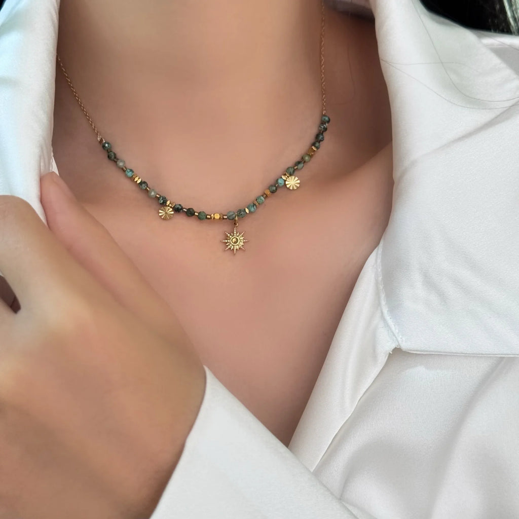 2025 Simple Colored Bead Metal Chain Necklace for Women\'s Sun and Moon Light Luxury Beaded Sweater Chain Gift Jewelry