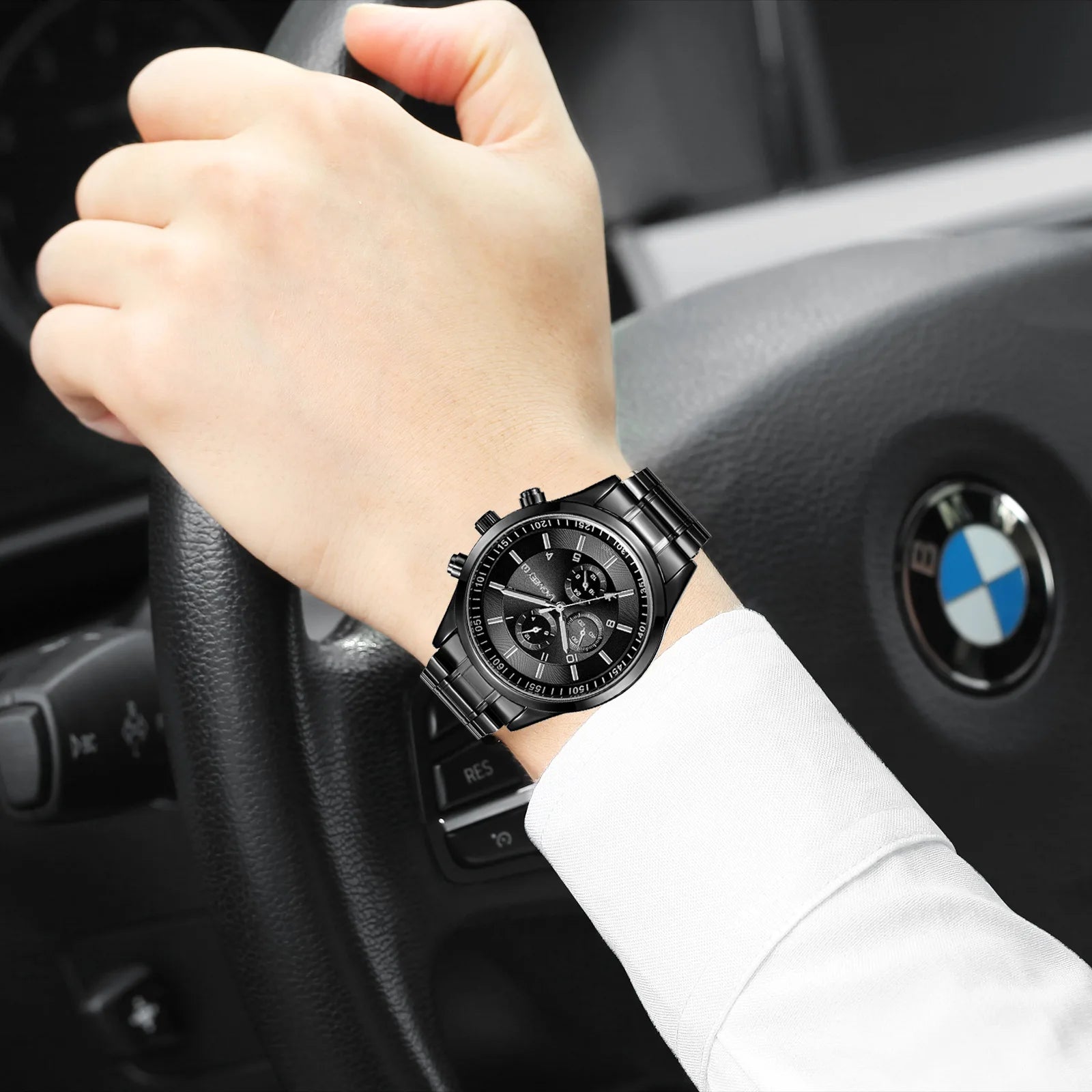 Ultra thin Men Watch Business Black Steel Strip Sport Waterproof Three Eye Imitation Six pin Korean version Student Male Watches
