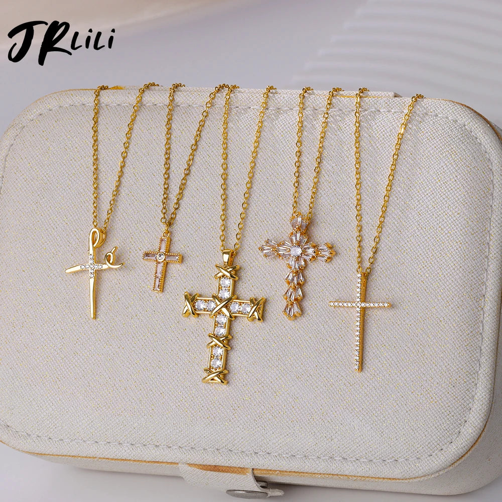 Zircon Cross Pendant Necklace for Women Gold Color Stainless Steel Collar Neckalces 2025 Trend Goth Party Wedding Jewelry Gifts
