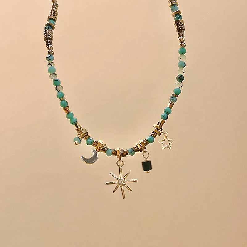 2025 Simple Colored Bead Metal Chain Necklace for Women\'s Sun and Moon Light Luxury Beaded Sweater Chain Gift Jewelry