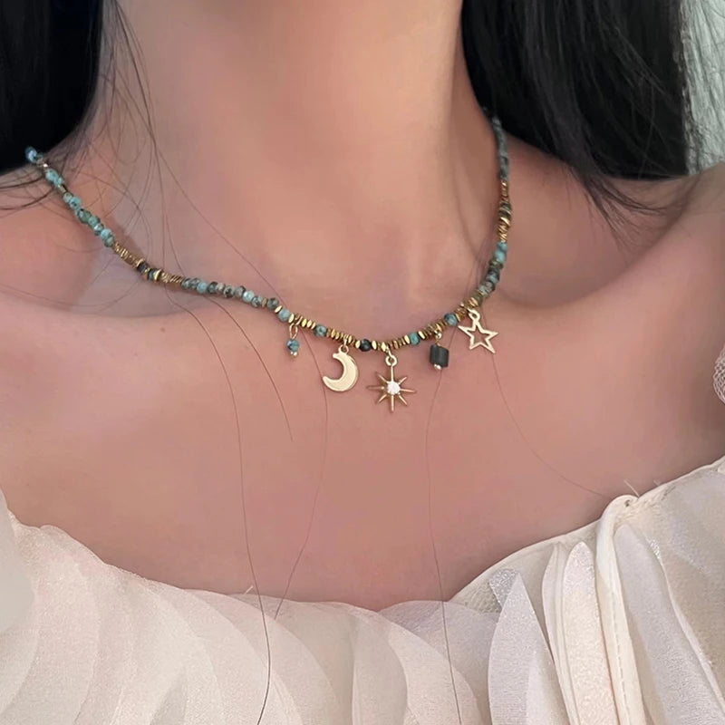 2025 Simple Colored Bead Metal Chain Necklace for Women\'s Sun and Moon Light Luxury Beaded Sweater Chain Gift Jewelry