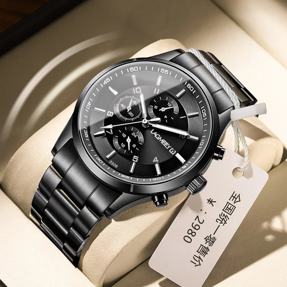 Ultra thin Men Watch Business Black Steel Strip Sport Waterproof Three Eye Imitation Six pin Korean version Student Male Watches