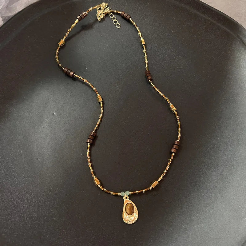 Vintage Brown Natural Stone Pendant Necklace for Women Fashion Geometric Long Leather Rope Necklace Sweater Chain Jewelry Gifts