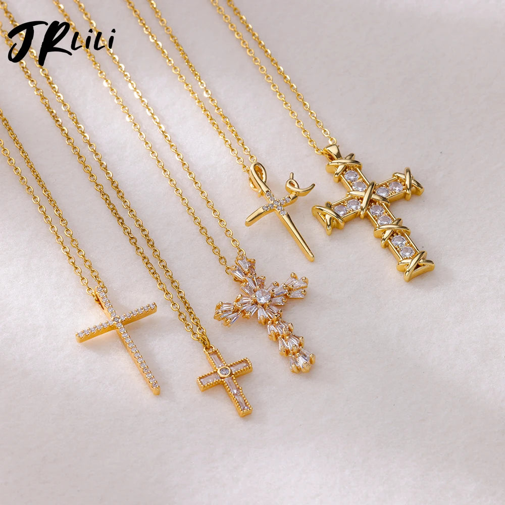 Zircon Cross Pendant Necklace for Women Gold Color Stainless Steel Collar Neckalces 2025 Trend Goth Party Wedding Jewelry Gifts
