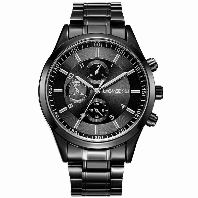 Ultra thin Men Watch Business Black Steel Strip Sport Waterproof Three Eye Imitation Six pin Korean version Student Male Watches