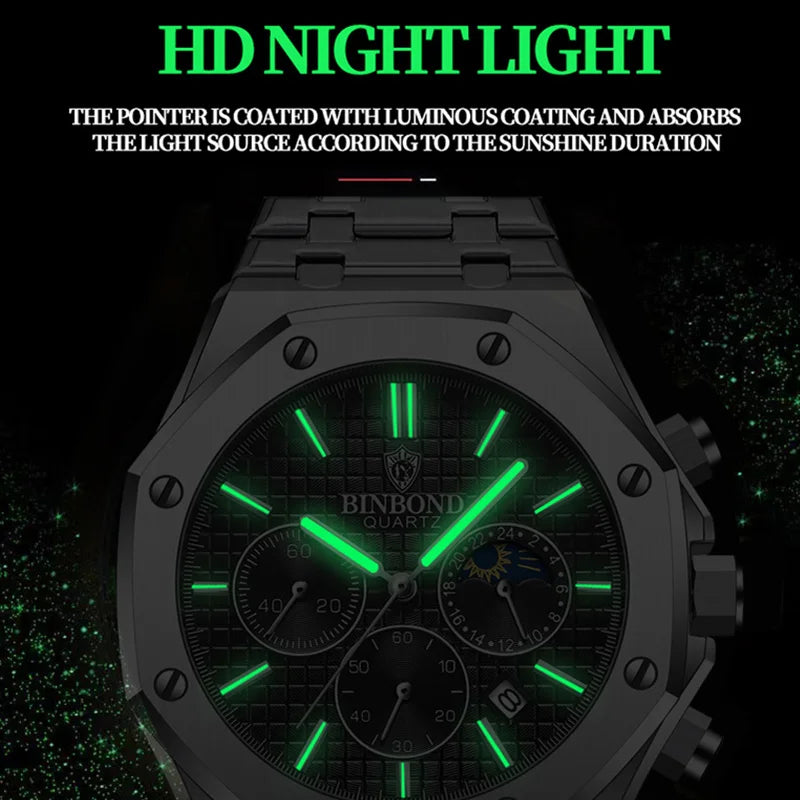 BINBOND Quality Men Watch Luxury High Man Quartz Wristwatch Waterproof Luminous Date Stainless Steel Men's Watches Casual Clock