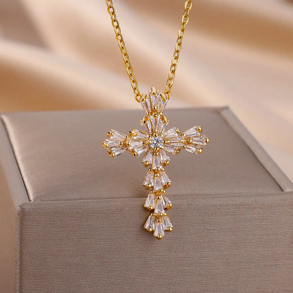 Zircon Cross Pendant Necklace for Women Gold Color Stainless Steel Collar Neckalces 2025 Trend Goth Party Wedding Jewelry Gifts