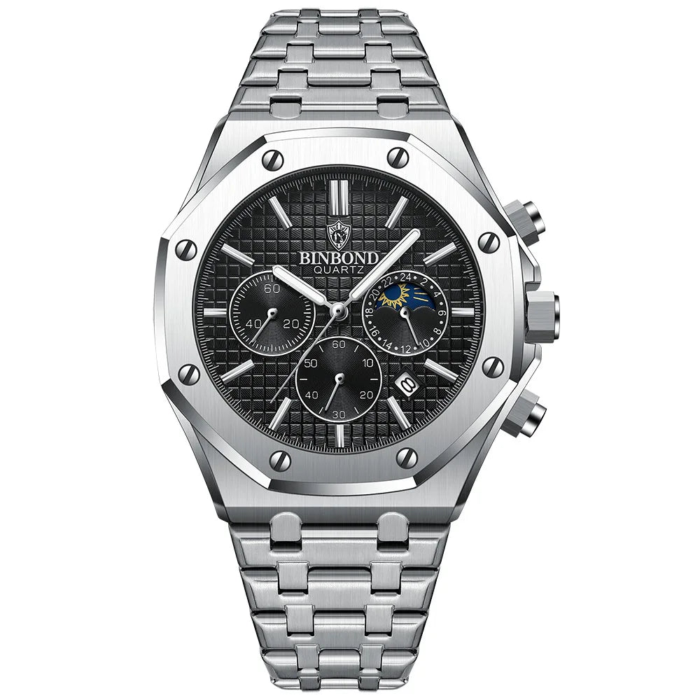 BINBOND Quality Men Watch Luxury High Man Quartz Wristwatch Waterproof Luminous Date Stainless Steel Men's Watches Casual Clock