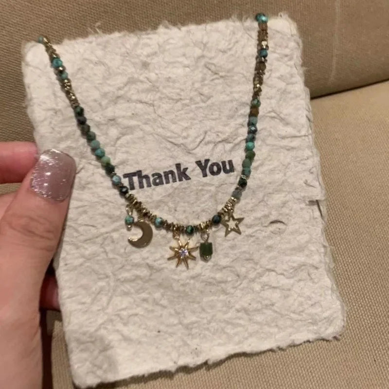 2025 Simple Colored Bead Metal Chain Necklace for Women\'s Sun and Moon Light Luxury Beaded Sweater Chain Gift Jewelry