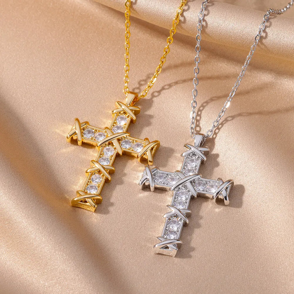 Zircon Cross Pendant Necklace for Women Gold Color Stainless Steel Collar Neckalces 2025 Trend Goth Party Wedding Jewelry Gifts
