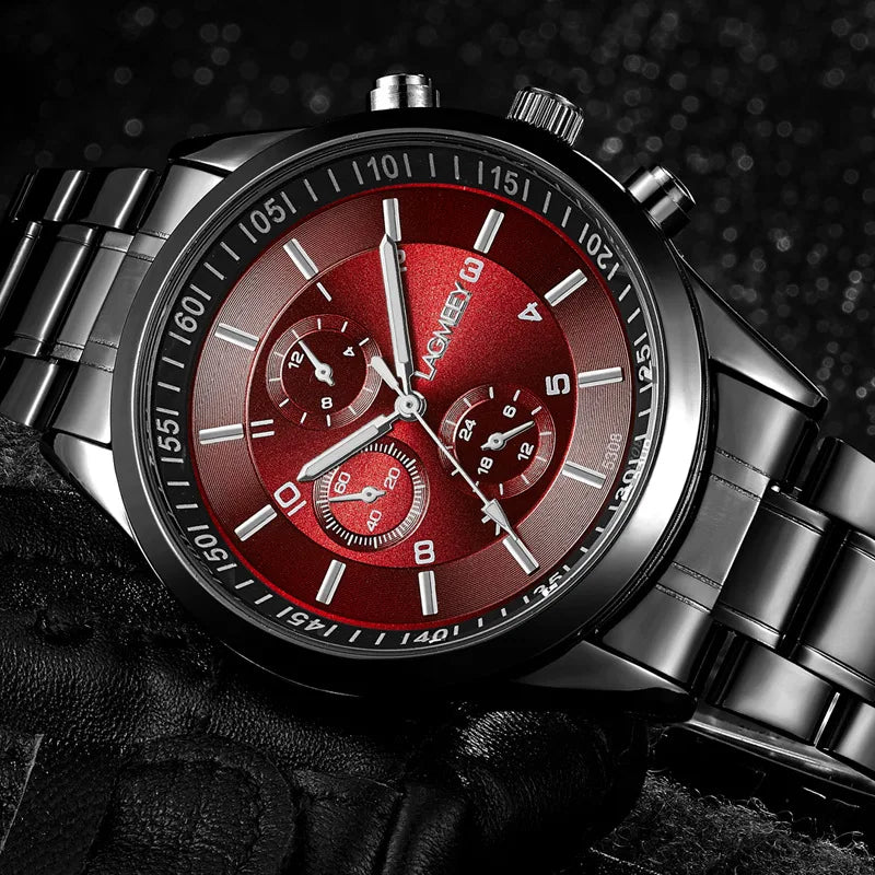Ultra thin Men Watch Business Black Steel Strip Sport Waterproof Three Eye Imitation Six pin Korean version Student Male Watches