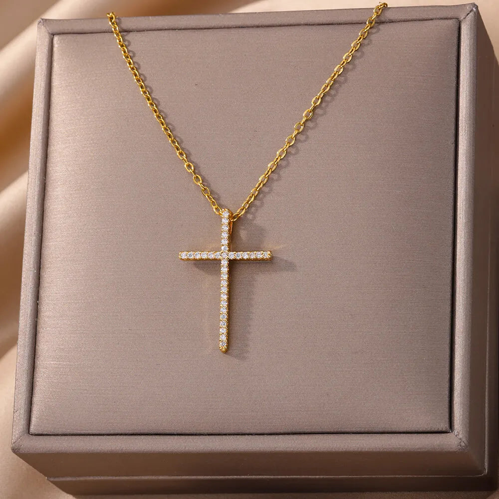 Zircon Cross Pendant Necklace for Women Gold Color Stainless Steel Collar Neckalces 2025 Trend Goth Party Wedding Jewelry Gifts