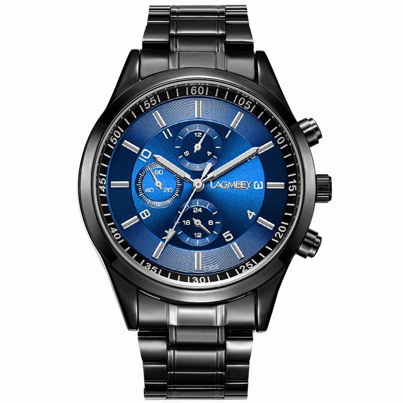 Ultra thin Men Watch Business Black Steel Strip Sport Waterproof Three Eye Imitation Six pin Korean version Student Male Watches