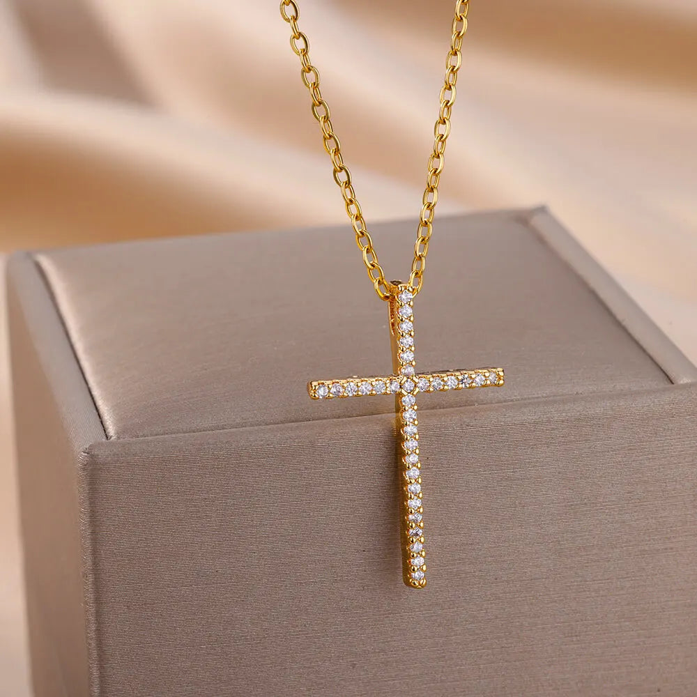 Zircon Cross Pendant Necklace for Women Gold Color Stainless Steel Collar Neckalces 2025 Trend Goth Party Wedding Jewelry Gifts