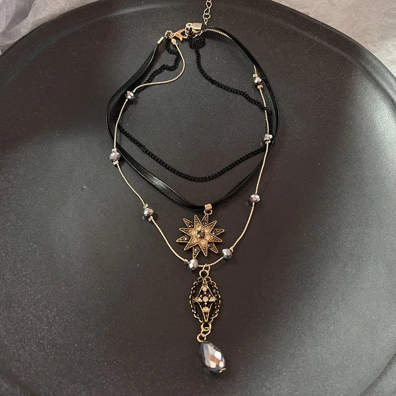Vintage Brown Natural Stone Pendant Necklace for Women Fashion Geometric Long Leather Rope Necklace Sweater Chain Jewelry Gifts