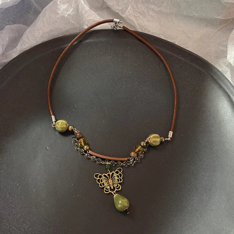 Vintage Brown Natural Stone Pendant Necklace for Women Fashion Geometric Long Leather Rope Necklace Sweater Chain Jewelry Gifts