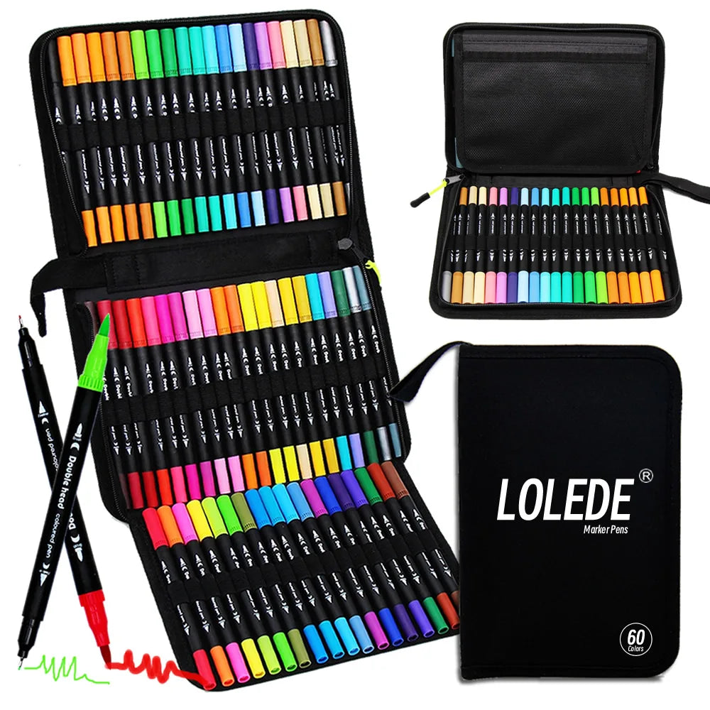 LOLEDE 60 Colors Double Head Markers Tip Art Supplies Drawing Brush Pen Colors Set For Gift Pens Pencils Writing Office School