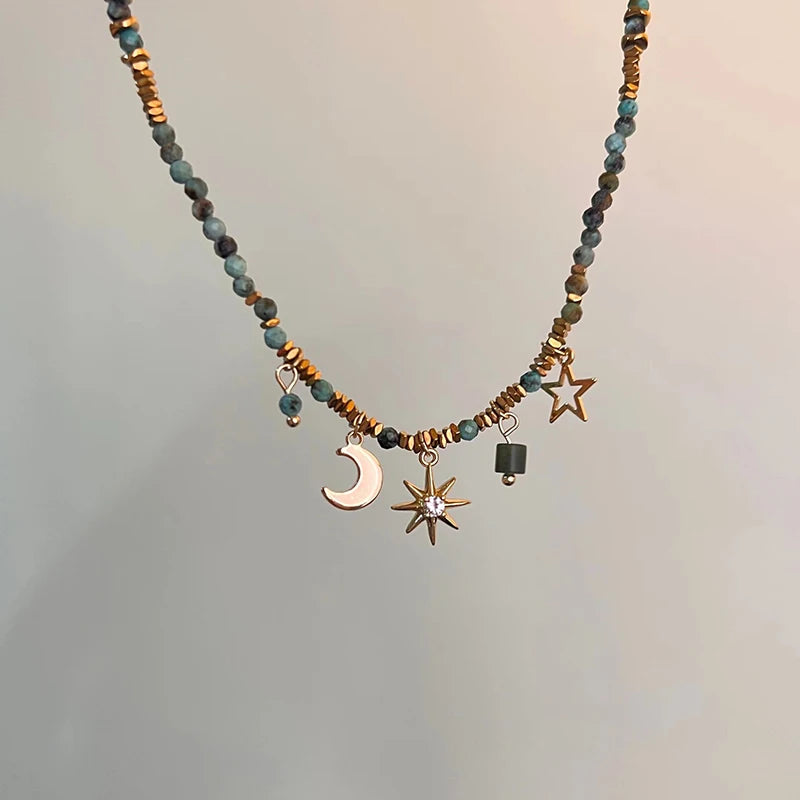 2025 Simple Colored Bead Metal Chain Necklace for Women\'s Sun and Moon Light Luxury Beaded Sweater Chain Gift Jewelry